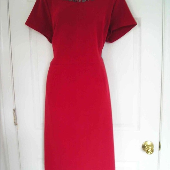 Talbot Beaded Ottoman Ponte Sheath Elegant Dress with Embellished Neckline - Picture 4 of 5